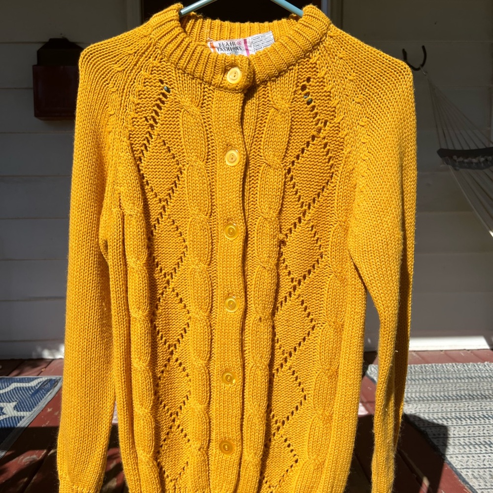 Vintage mustard, cardigan, knit sweater. Size small.